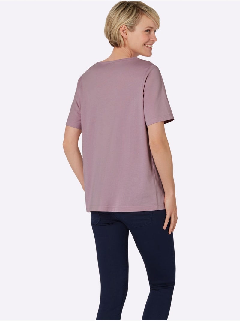 T-shirt à encolure ronde avec motif floral et manches courtes - Taille standard - Moda Vilona Bleu Mauve - Kiabi