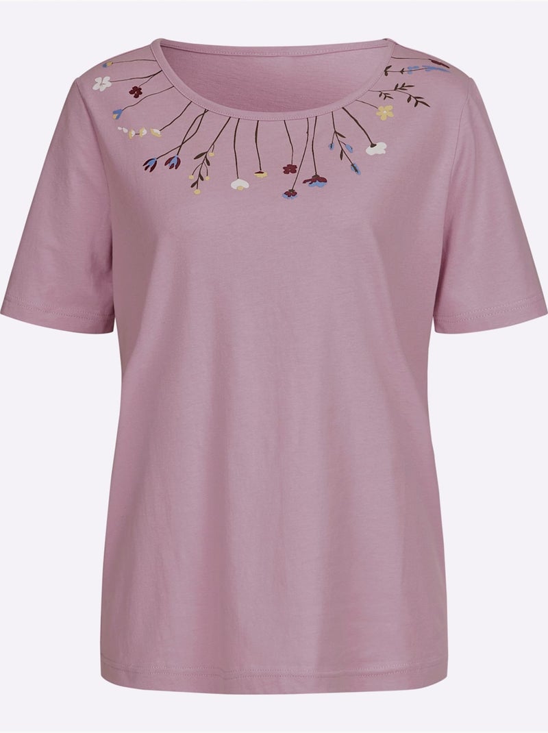 T-shirt à encolure ronde avec motif floral et manches courtes - Taille standard - Moda Vilona Bleu Mauve - Kiabi
