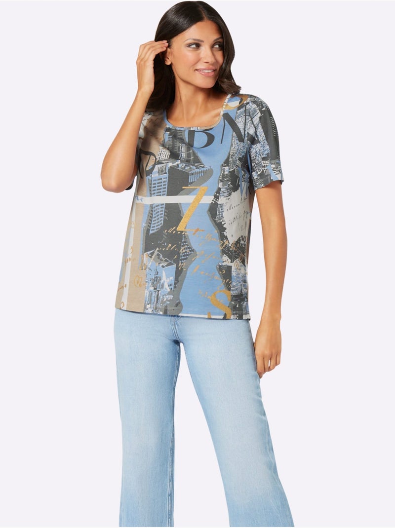 T-shirt à encolure ronde avec motif graphique et manches courtes - Taille standard - Moda Vilona Bleu Ecru Bleu - Kiabi
