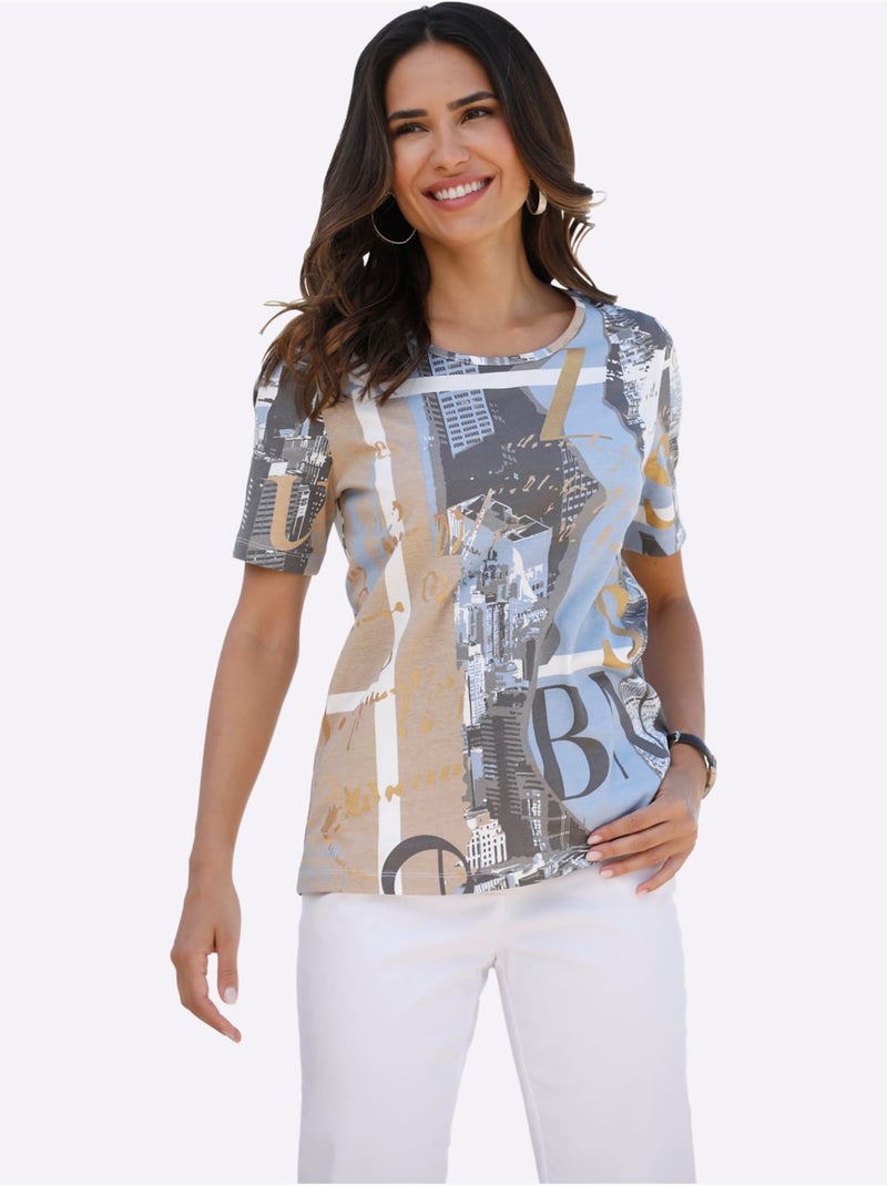 T-shirt à encolure ronde avec motif graphique et manches courtes - Taille standard - Moda Vilona Bleu Ecru Bleu - Kiabi