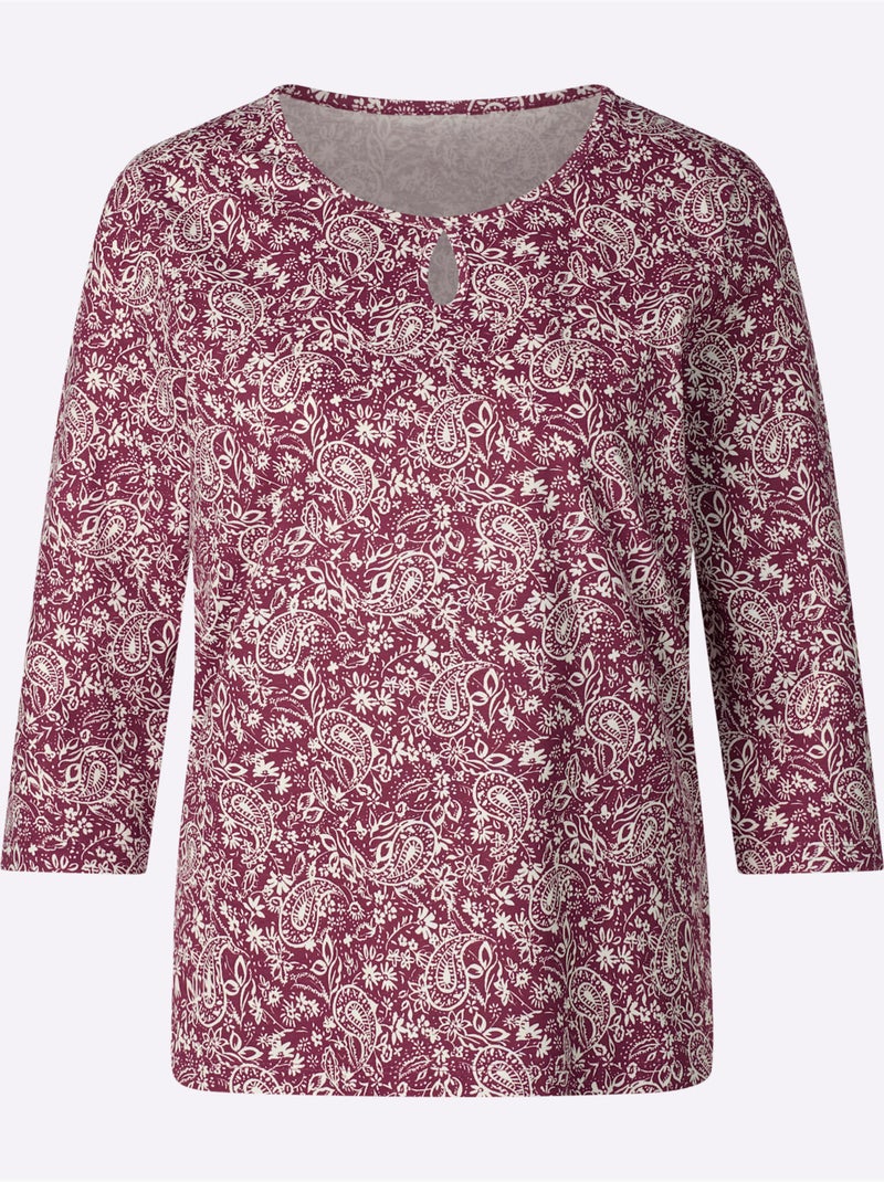 T-shirt à encolure ronde avec motif paisley et manches 3/4 - taille standard - moda vilona Bordeaux - Kiabi