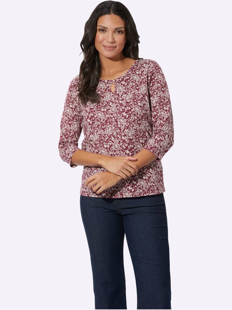 T-shirt à encolure ronde avec motif paisley et manches 3/4 - taille standard - moda vilona Bordeaux - Kiabi