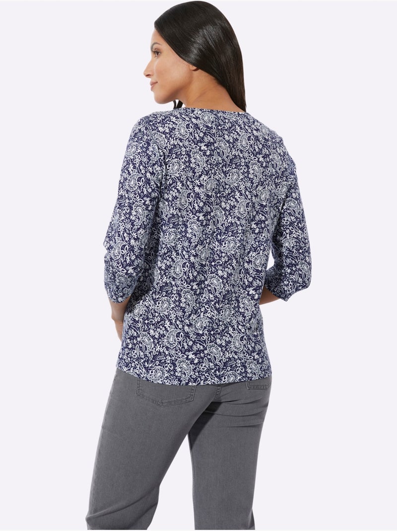 T-shirt à encolure ronde avec motif paisley et manches 3/4 - taille standard - moda vilona Ecru/Marine - Kiabi