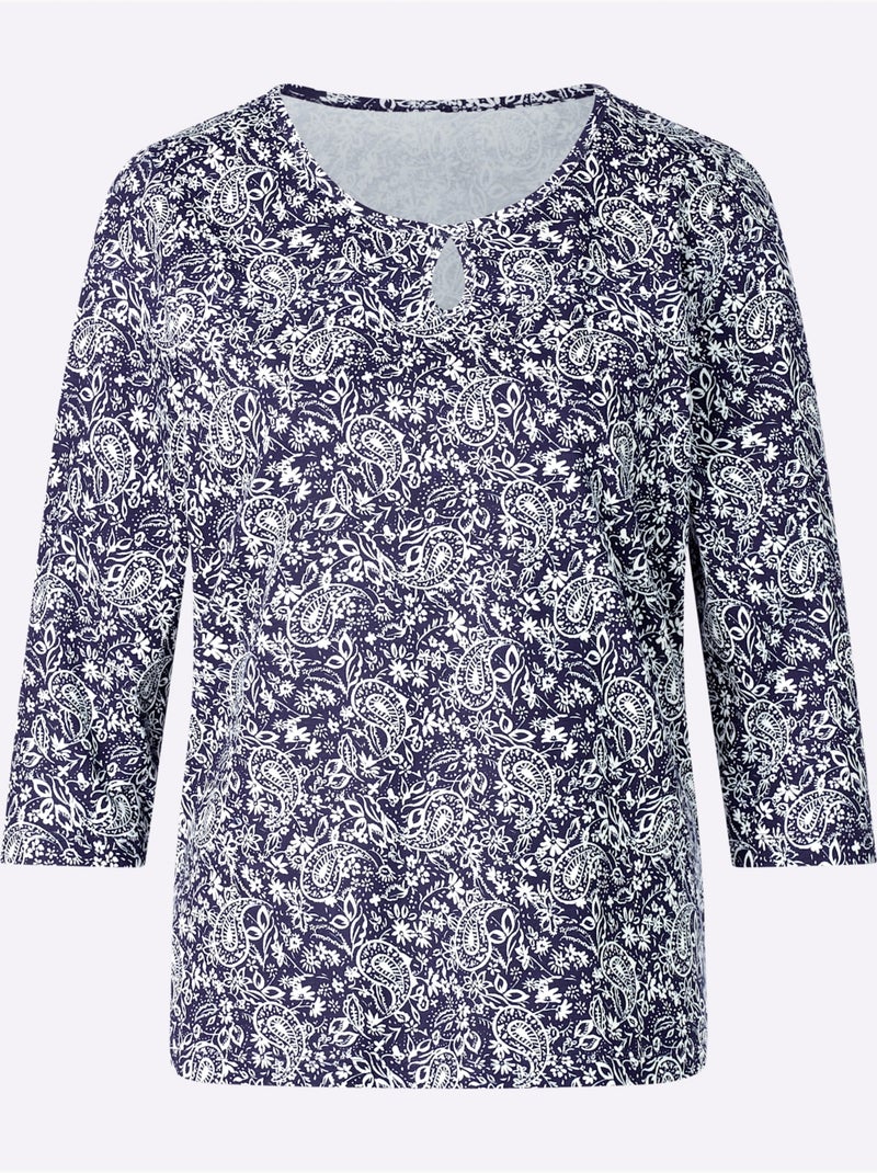 T-shirt à encolure ronde avec motif paisley et manches 3/4 - taille standard - moda vilona Ecru/Marine - Kiabi