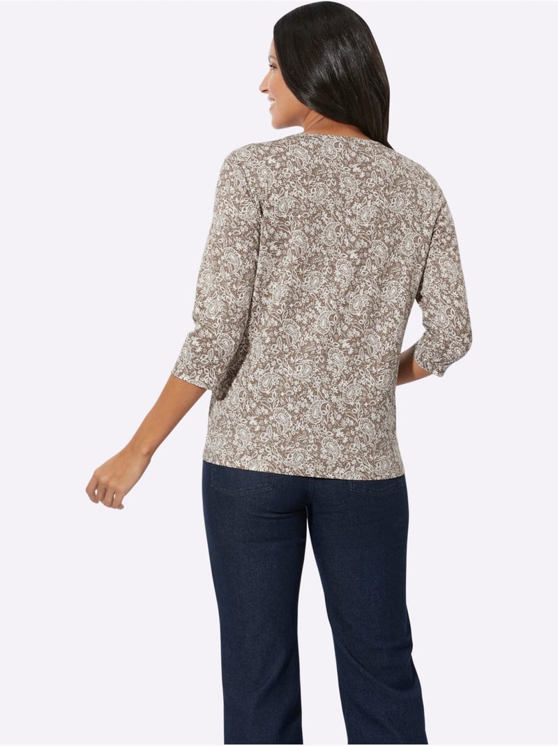 T-shirt à encolure ronde avec motif paisley et manches 3/4 - taille standard - moda vilona Gris Ecru - Kiabi