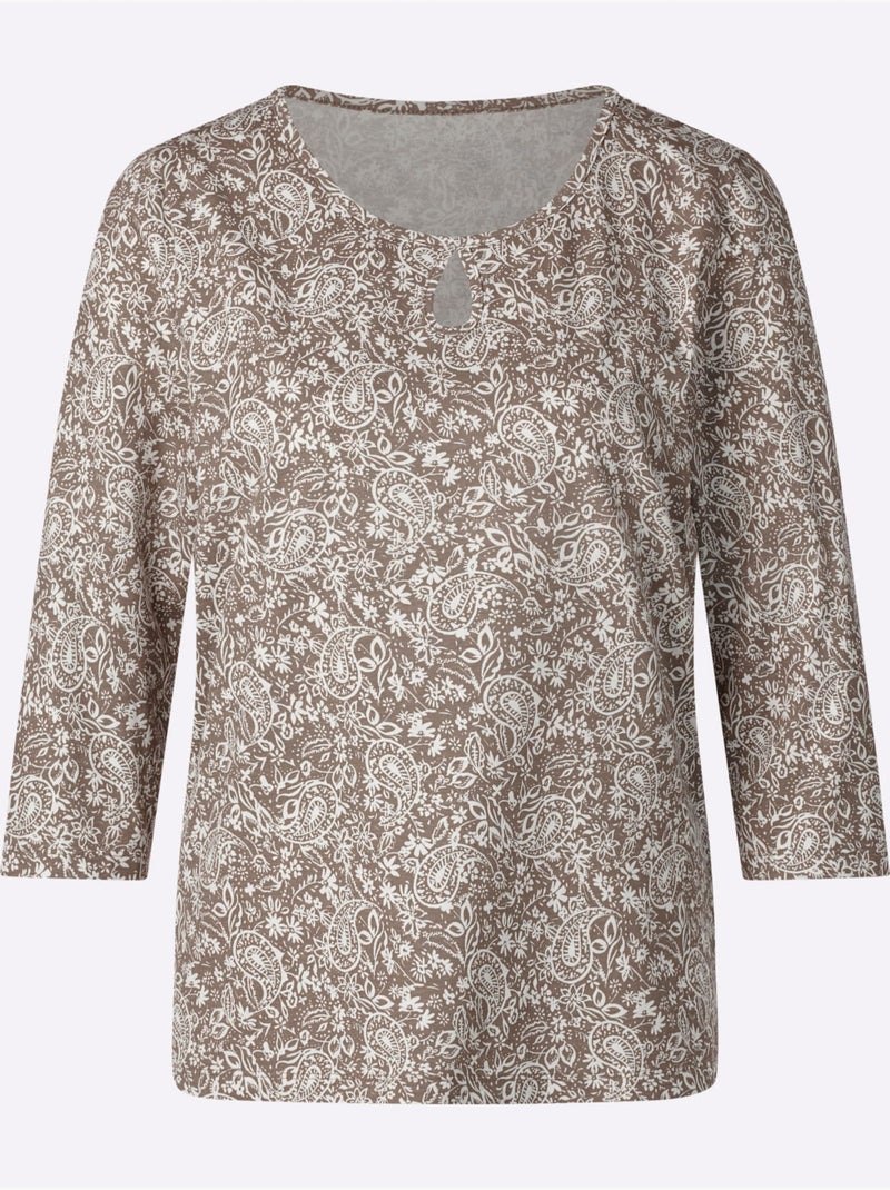T-shirt à encolure ronde avec motif paisley et manches 3/4 - taille standard - moda vilona Gris Ecru - Kiabi