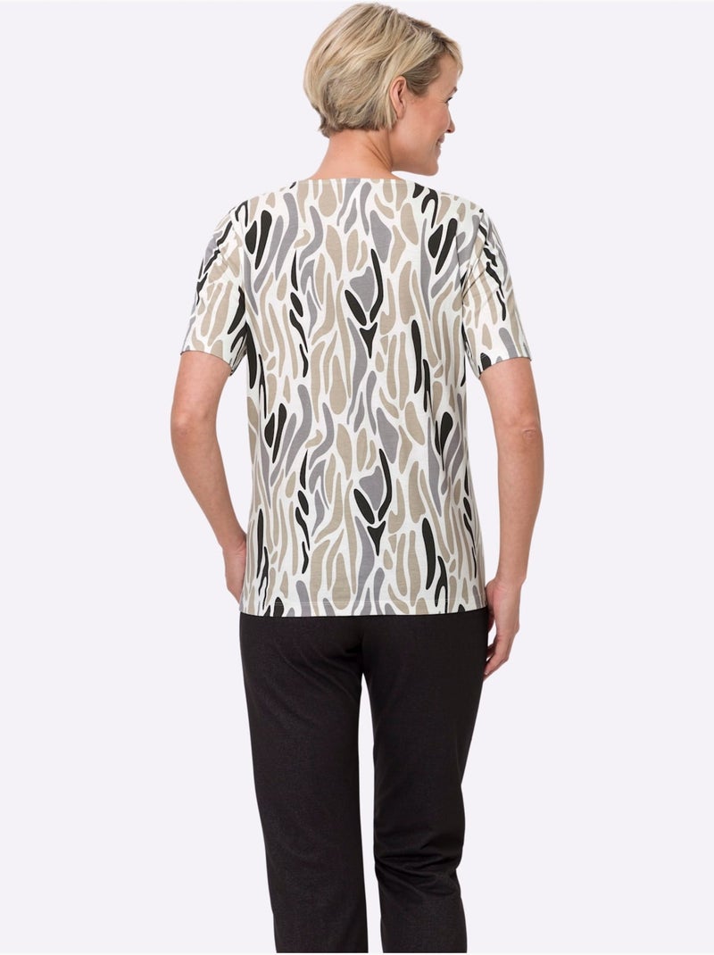T-shirt à encolure ronde avec motifs graphiques et manches courtes - Taille standard - Moda Vilona Gris Ecru - Kiabi