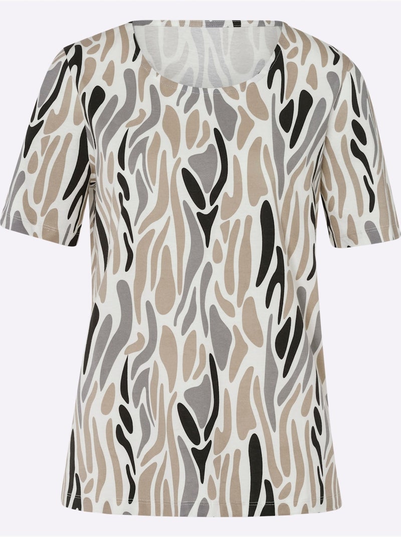 T-shirt à encolure ronde avec motifs graphiques et manches courtes - Taille standard - Moda Vilona Gris Ecru - Kiabi