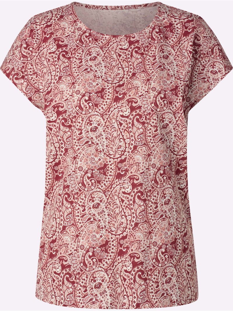 T-shirt à encolure ronde avec motifs paisley et mancherons - Taille standard - Moda Vilona Ecru/Rouge - Kiabi