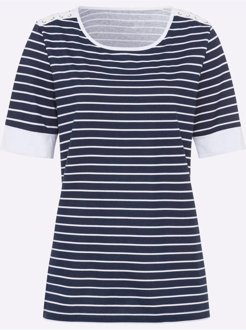 T-shirt à Encolure Ronde Avec œillets Et Laçage - Taille Standard - Moda Vilona Bleu marine - Kiabi