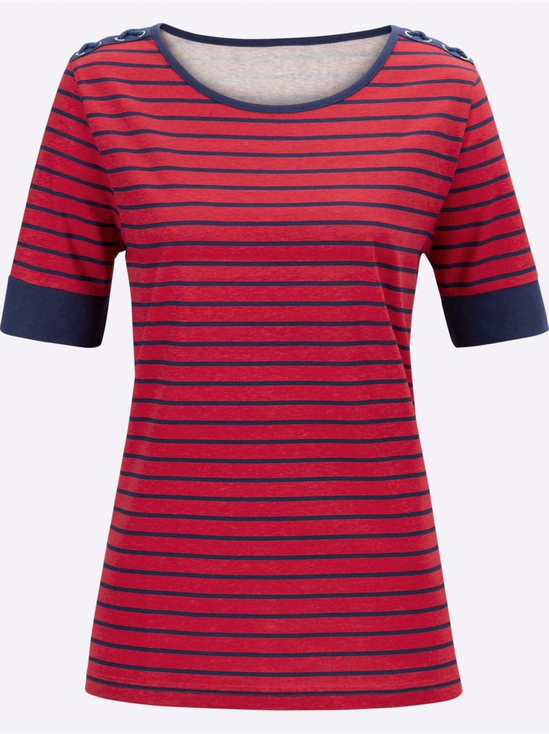 T-shirt à Encolure Ronde Avec œillets Et Laçage - Taille Standard - Moda Vilona Noir Rouge - Kiabi