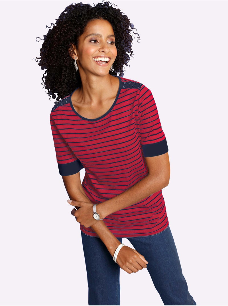 T-shirt à Encolure Ronde Avec œillets Et Laçage - Taille Standard - Moda Vilona Noir Rouge - Kiabi