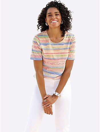 T-shirt à encolure ronde avec rayures et manches courtes - Taille standard - Moda Vilona