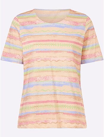 T-shirt à encolure ronde avec rayures et manches courtes - Taille standard - Moda Vilona