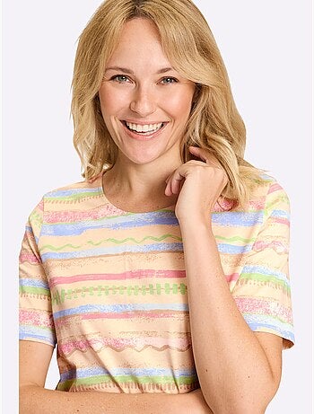 T-shirt à encolure ronde avec rayures et manches courtes - Taille standard - Moda Vilona