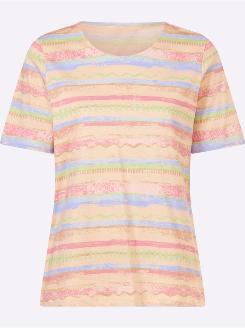 T-shirt à encolure ronde avec rayures et manches courtes - Taille standard - Moda Vilona Rose clair - Kiabi