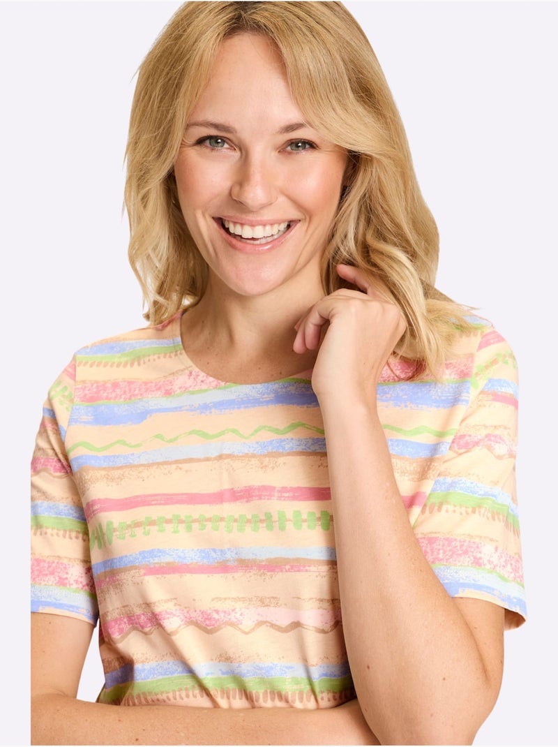 T-shirt à encolure ronde avec rayures et manches courtes - Taille standard - Moda Vilona Rose clair - Kiabi