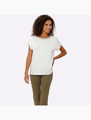 T-shirt à Encolure Ronde Dentelle Ajourée - Taille Standard - helline