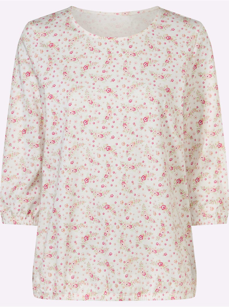T-shirt à encolure ronde et manches 3/4 avec motif fleurs - taille standard - moda vilona Ecru - Kiabi