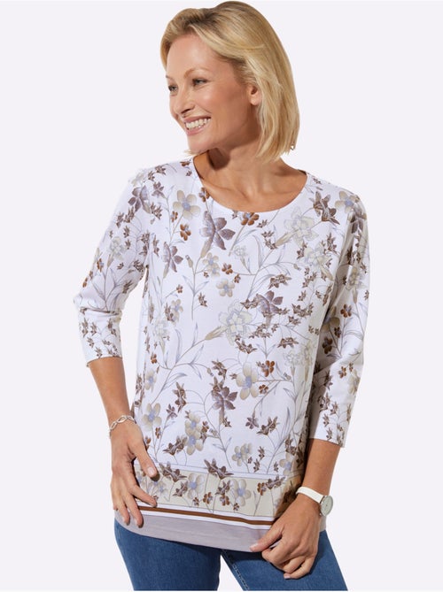 T-shirt à encolure ronde fleuri avec manches 3/4 en coton - Taille standard - Witt - Kiabi