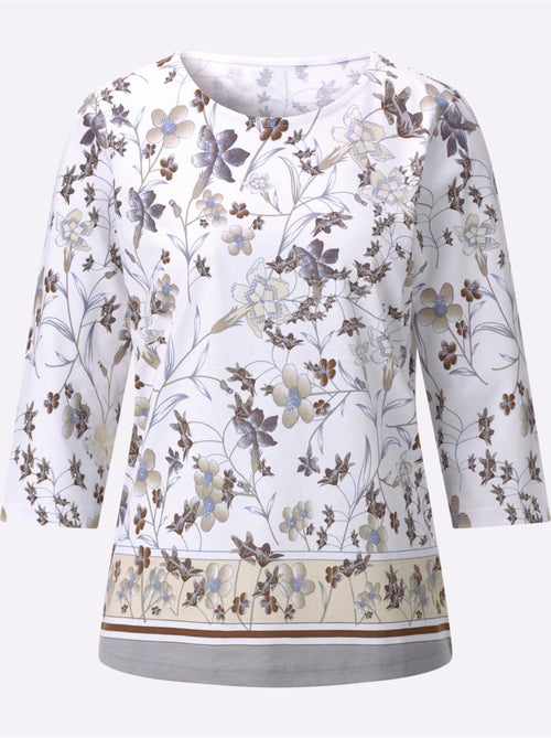 T-shirt à encolure ronde fleuri avec manches 3/4 en coton - Taille standard - Witt - Kiabi