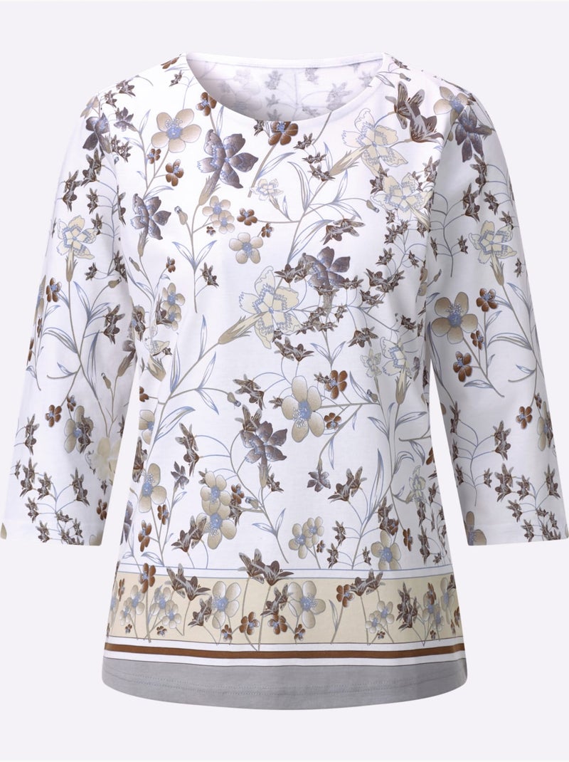 T-shirt à encolure ronde fleuri avec manches 3/4 en coton - Taille standard - Witt Beige - Kiabi