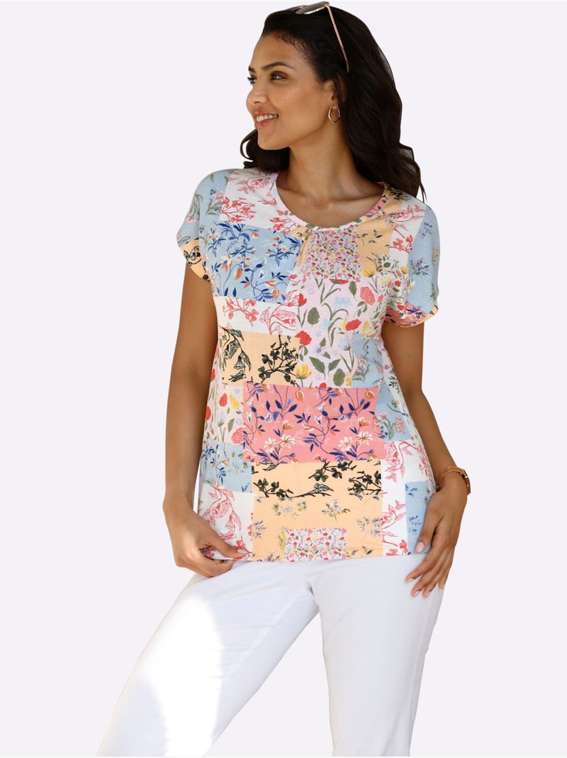 T-shirt à Encolure Ronde Fronce Légère à L'encolure - Taille Standard - Moda Vilona Vert/Rose - Kiabi