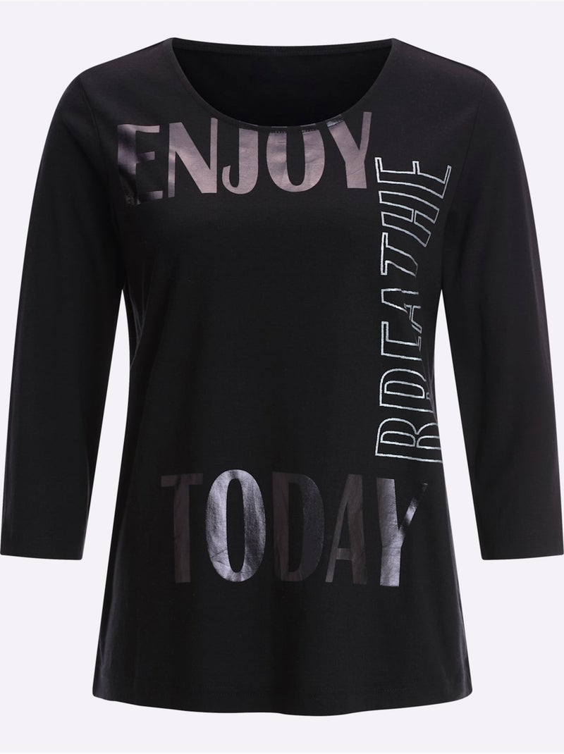 T-shirt à Encolure Ronde Imprimé Brillant - Taille Standard - Moda Vilona Noir - Kiabi