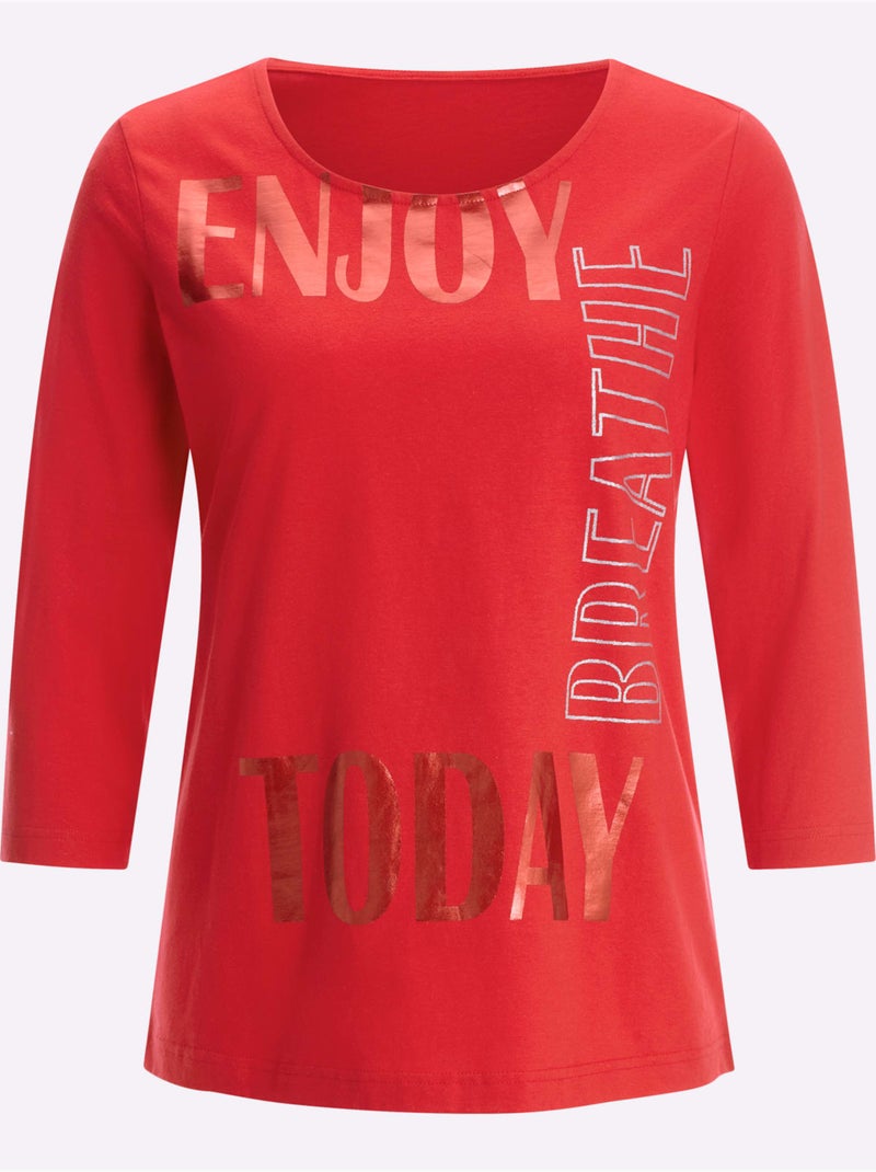 T-shirt à Encolure Ronde Imprimé Brillant - Taille Standard - Moda Vilona Rouge - Kiabi