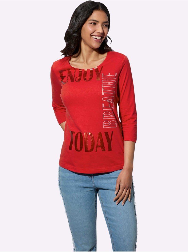 T-shirt à Encolure Ronde Imprimé Brillant - Taille Standard - Moda Vilona Rouge - Kiabi