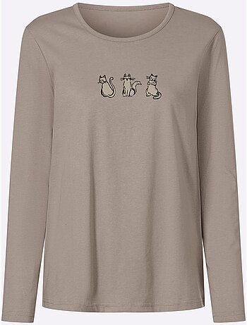 T-shirt à Encolure Ronde Imprimé Chats - Taille Standard - Moda Vilona