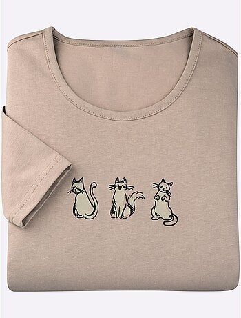 T-shirt à Encolure Ronde Imprimé Chats - Taille Standard - Moda Vilona