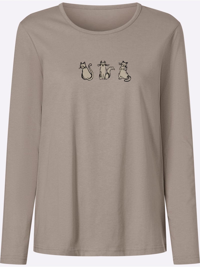 T-shirt à Encolure Ronde Imprimé Chats - Taille Standard - Moda Vilona Ecru/Sable - Kiabi