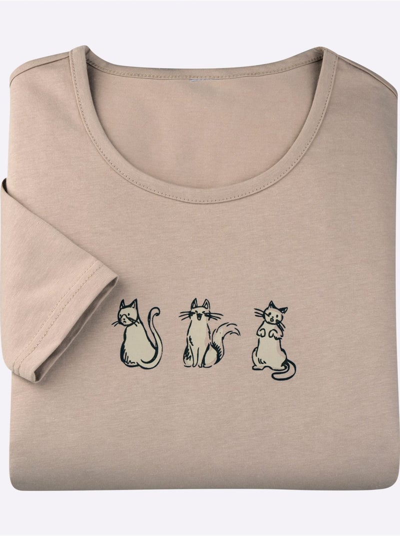 T-shirt à Encolure Ronde Imprimé Chats - Taille Standard - Moda Vilona Ecru/Sable - Kiabi