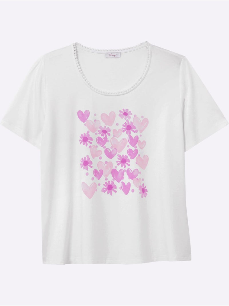 T-shirt à Encolure Ronde Imprimé Cœur Fantaisie - Taille Standard - Sheego Écru/Rose - Kiabi