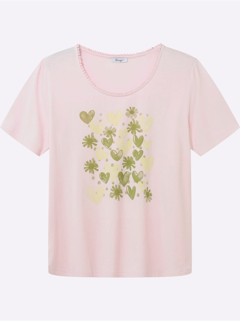 T-shirt à Encolure Ronde Imprimé Cœur Fantaisie - Taille Standard - Sheego Vert/Rose - Kiabi