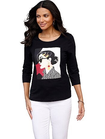 T-shirt à Encolure Ronde Imprimé Feuille Doré - Taille Standard - Moda Vilona