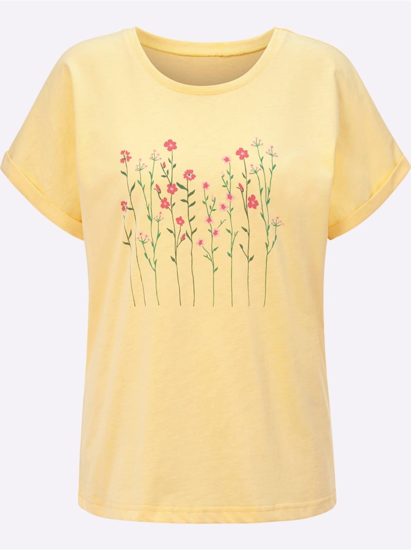 T-shirt à Encolure Ronde Imprimé Floral - Taille Standard - Witt Jaune citron - Kiabi