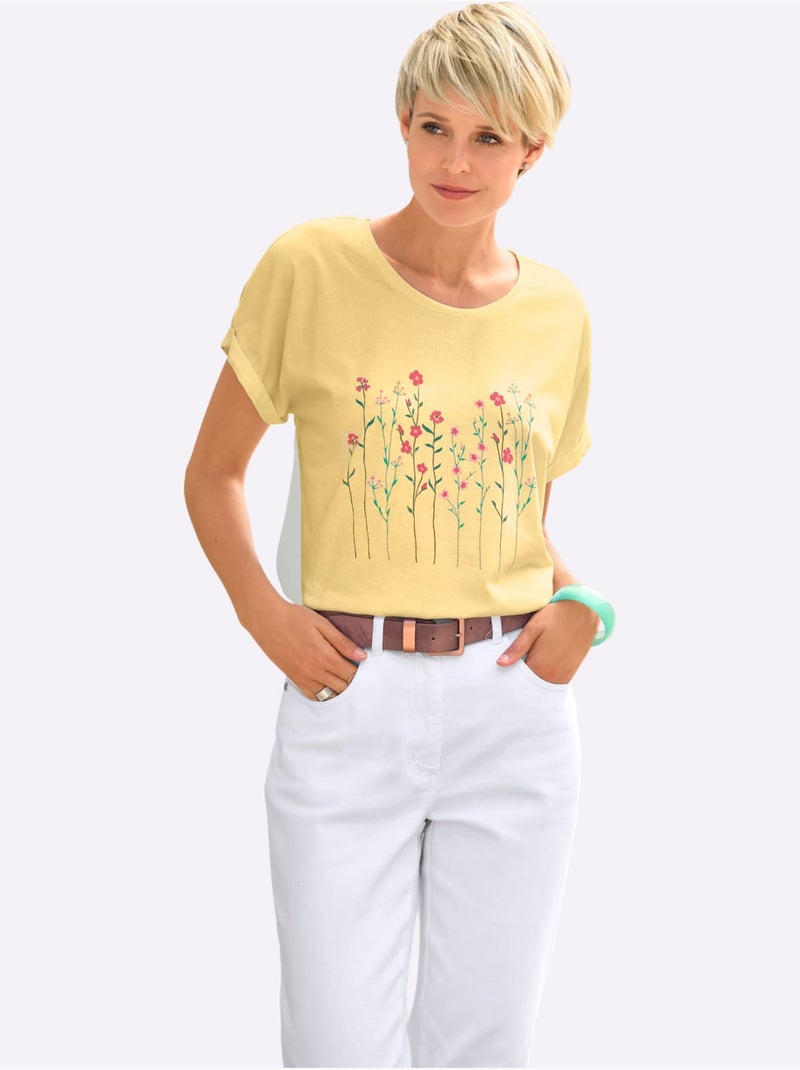 T-shirt à Encolure Ronde Imprimé Floral - Taille Standard - Witt Jaune citron - Kiabi