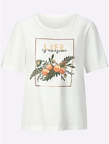 T-shirt à Encolure Ronde Imprimé Transfert Avec Brillance - Taille Standard - Moda Vilona