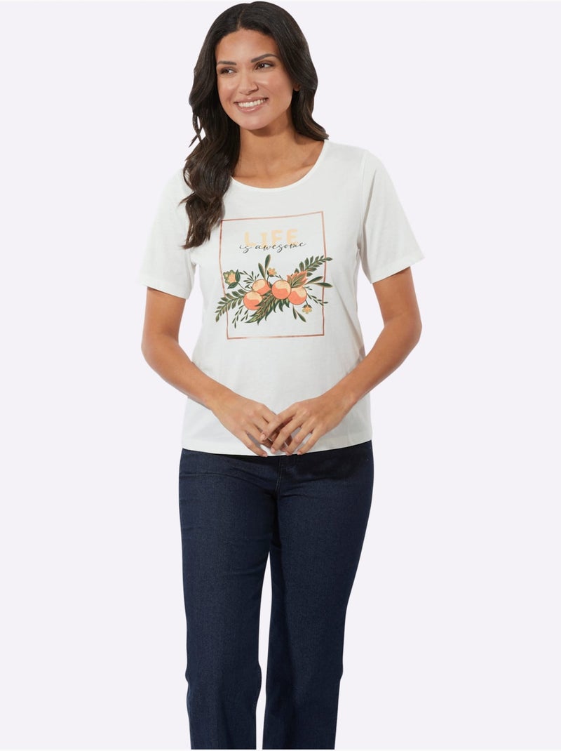 T-shirt à Encolure Ronde Imprimé Transfert Avec Brillance - Taille Standard - Moda Vilona Écru/Orange - Kiabi