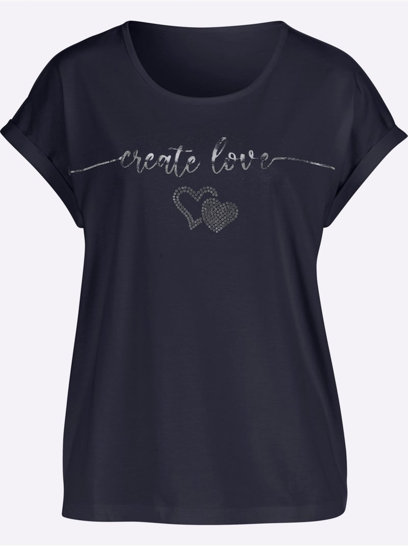 T-shirt à Encolure Ronde Imprimé Transfert Couleur Argenté - Taille Standard - Moda Vilona Bleu marine - Kiabi