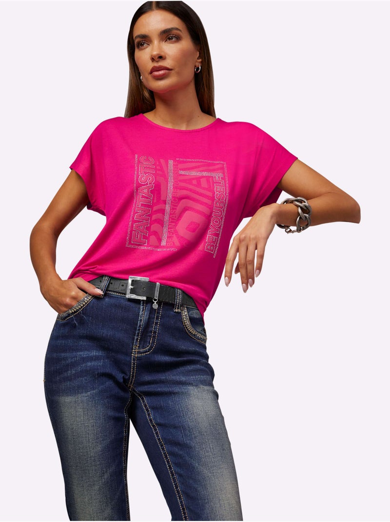 T-shirt à Encolure Ronde Joli Imprimé Devant - Taille Standard - Helline Rose fushia - Kiabi