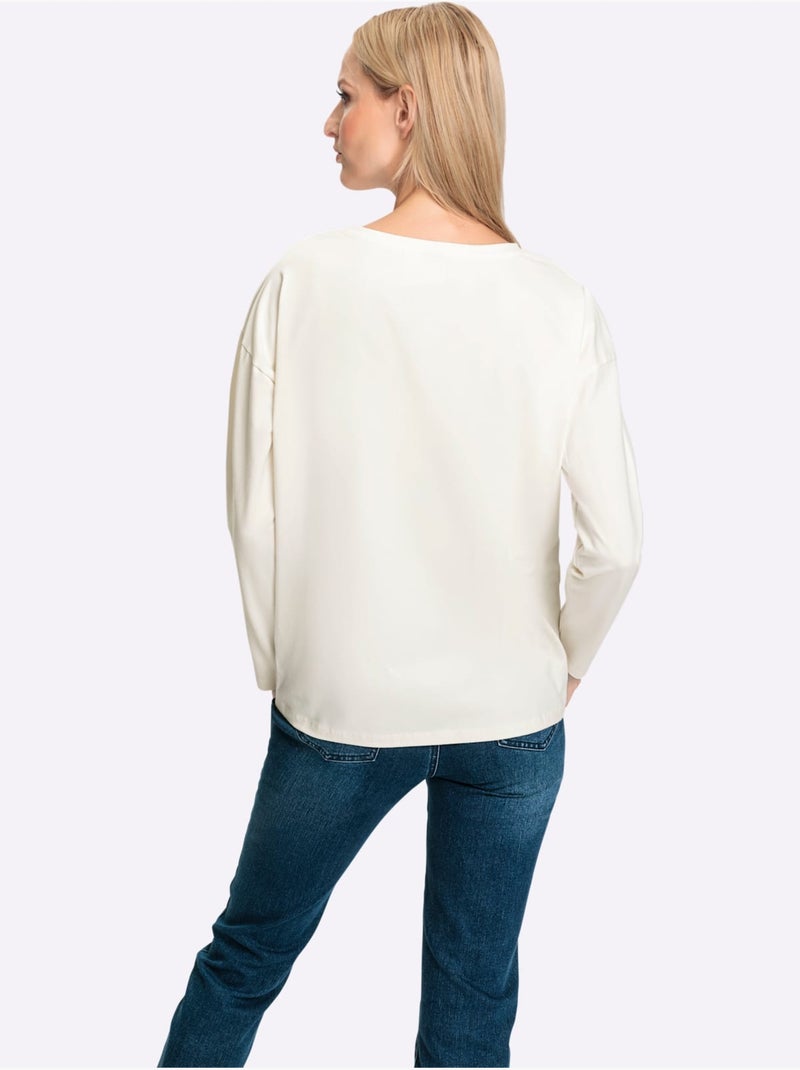 T-shirt à encolure ronde joli imprimé feuille devant - taille standard - helline Ivoire - Kiabi