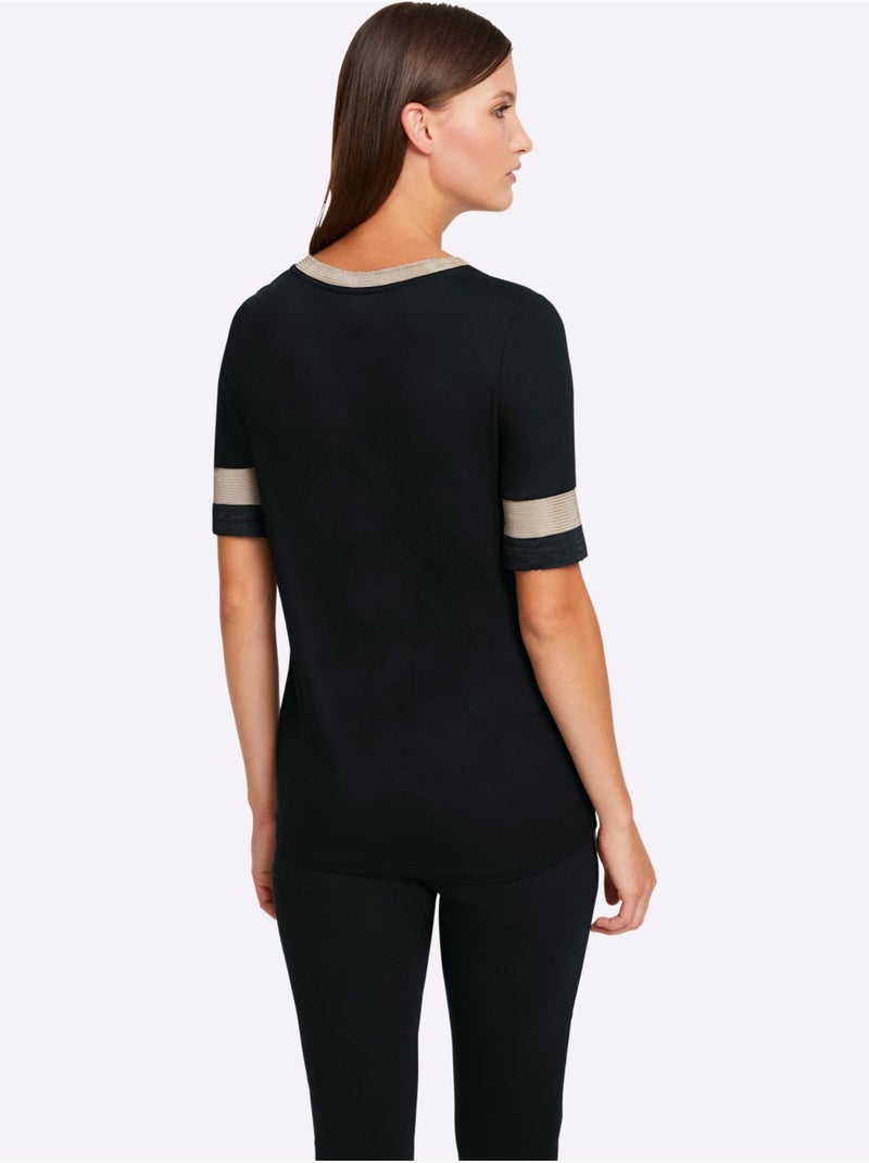 T-shirt à Encolure Ronde Joli Mélange De Matières - Taille Standard - Helline Noir - Kiabi
