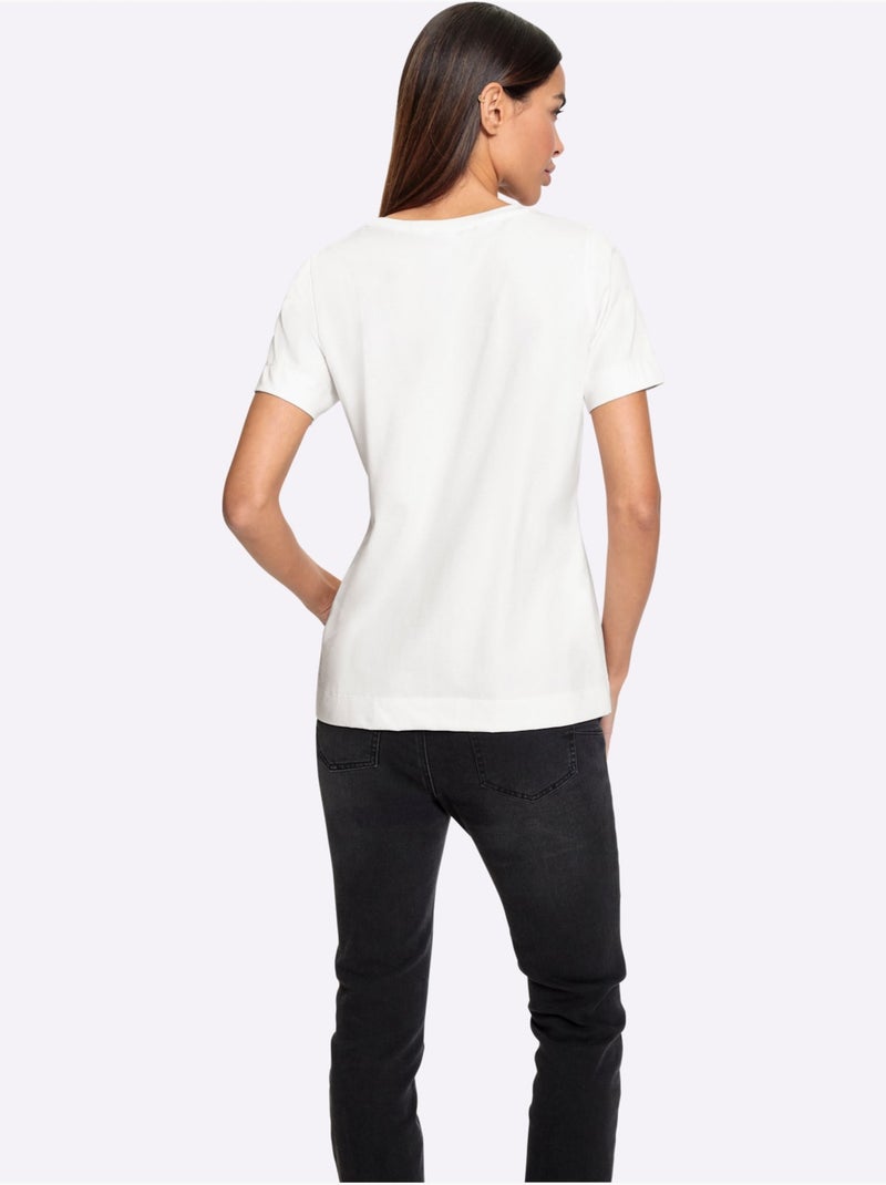 T-shirt à Encolure Ronde Jolies Pierres Brillantes Fantaisie - Taille Standard - Helline Ecru - Kiabi