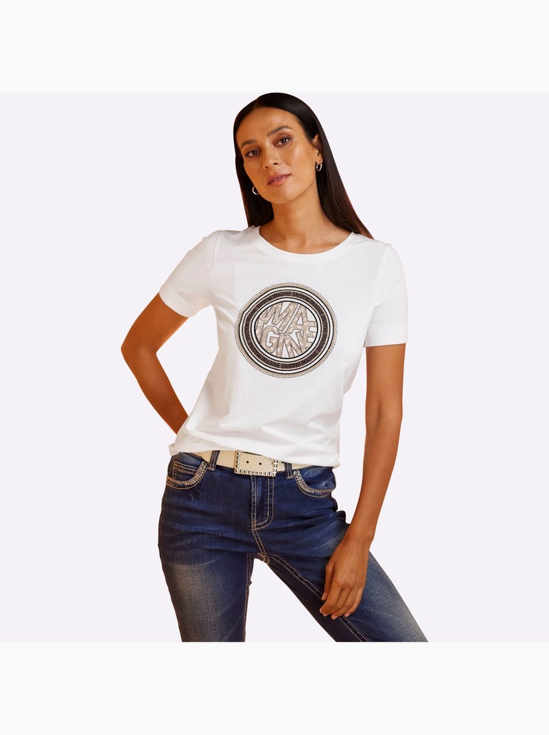 T-shirt à Encolure Ronde Jolies Pierres Brillantes Fantaisie - Taille Standard - Helline Ecru - Kiabi
