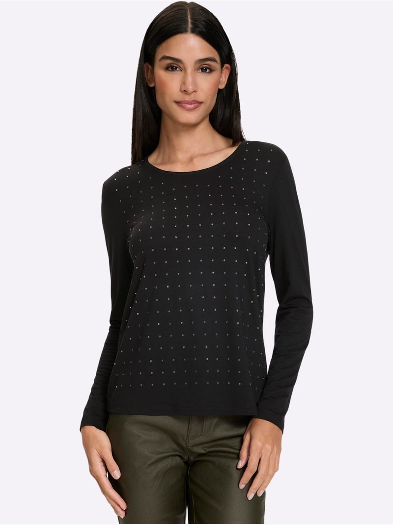 T-shirt à encolure ronde jolies pierres brillantes fantaisie - taille standard - helline Noir - Kiabi
