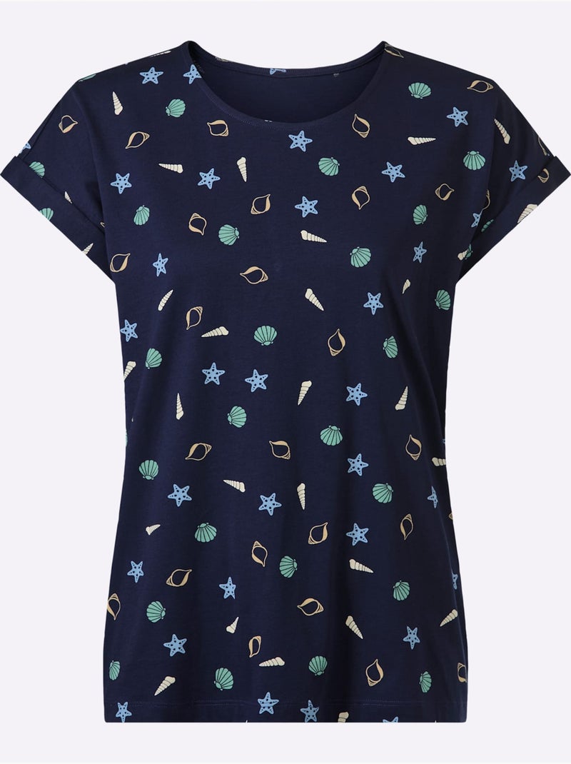 T-shirt à Encolure Ronde Manches à Revers Fixe - Taille Standard - Moda Vilona Bleu Beige - Kiabi