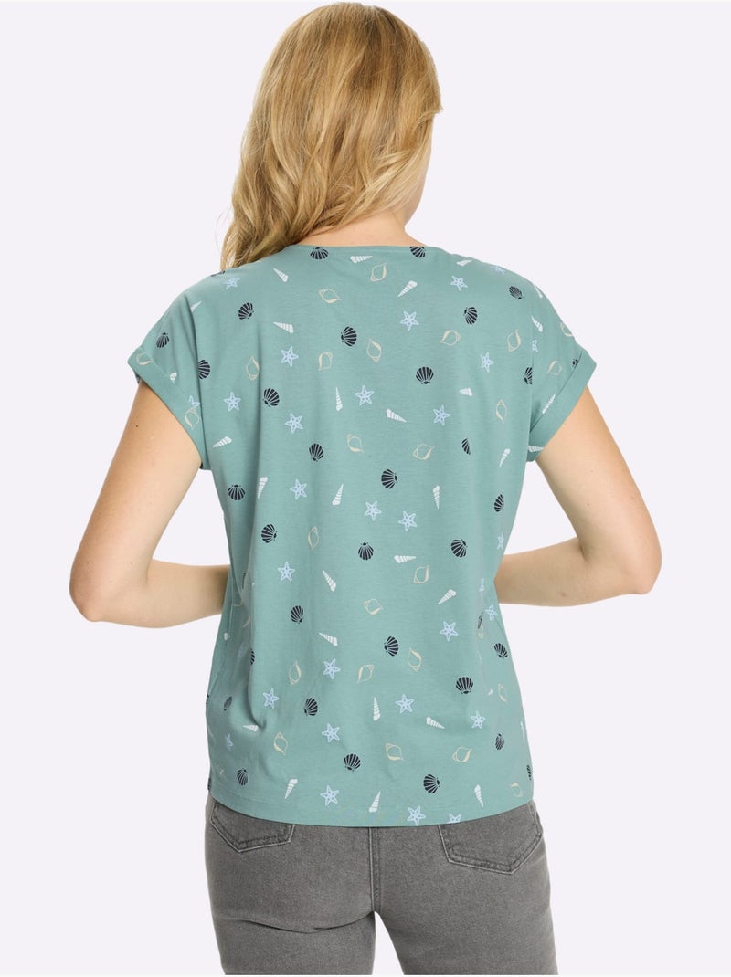 T-shirt à Encolure Ronde Manches à Revers Fixe - Taille Standard - Moda Vilona Vert Sauge - Kiabi
